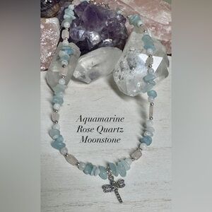 16” Aquamarine, Rose Quartz & Moonstone Gemstone Beaded Necklace - Handcrafted